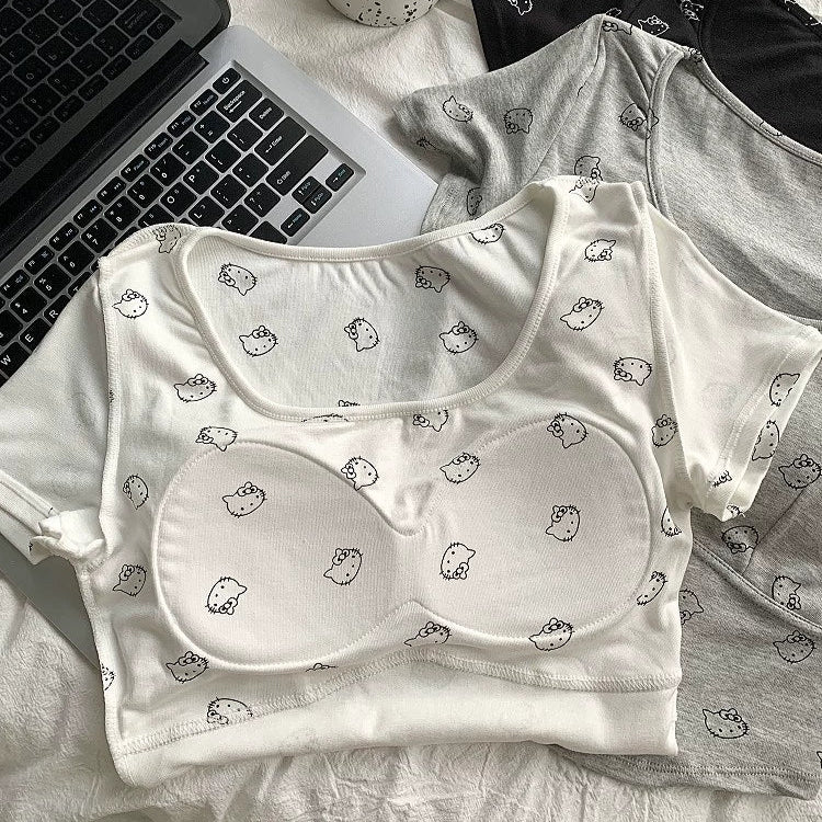 Cute Kitty Print Built - In Bra Top β Playful & Comfy - Zero Bra