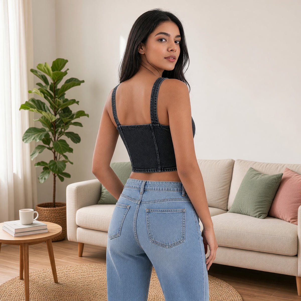 Denim-Look Built-in Bra Crop Top