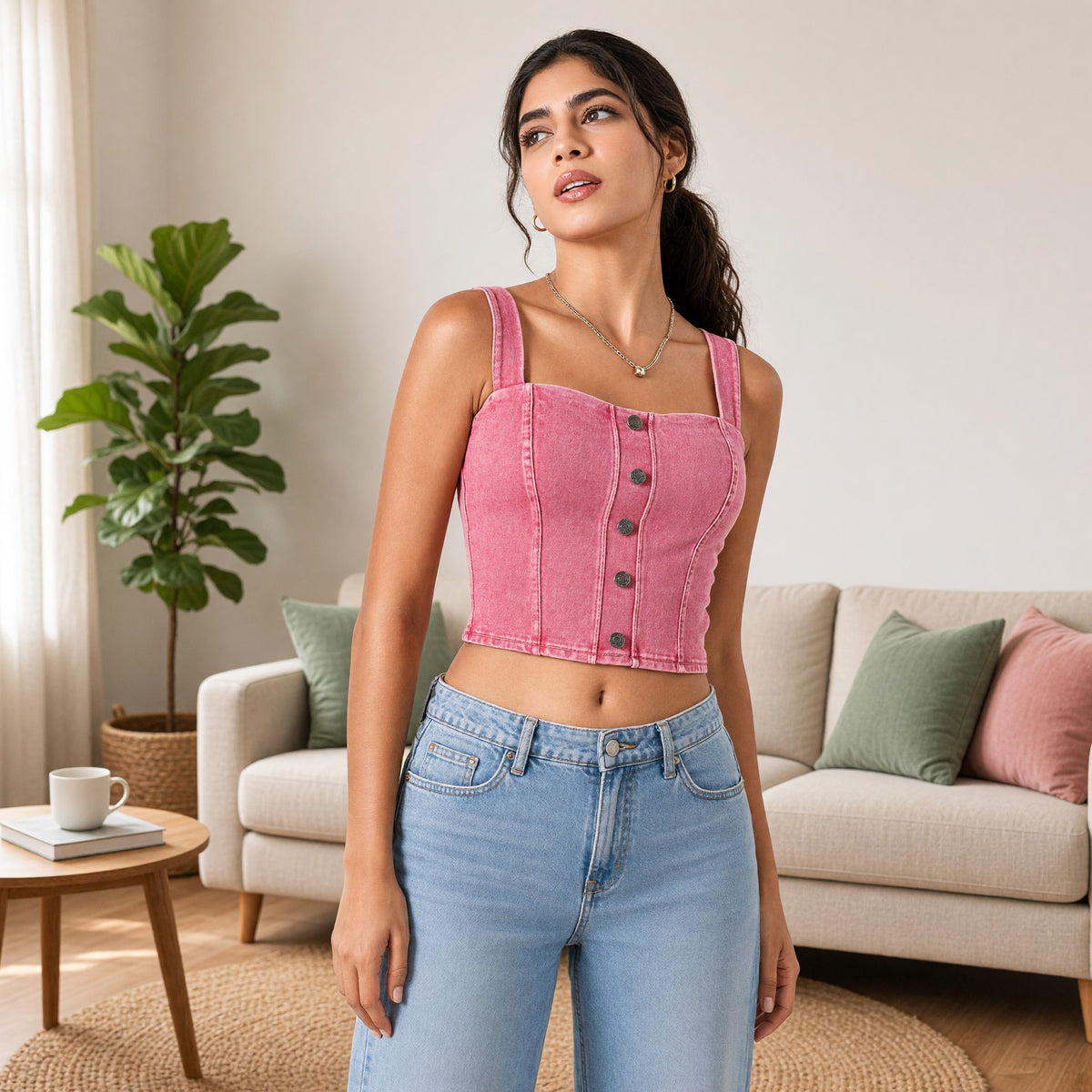 Denim-Look Built-in Bra Crop Top