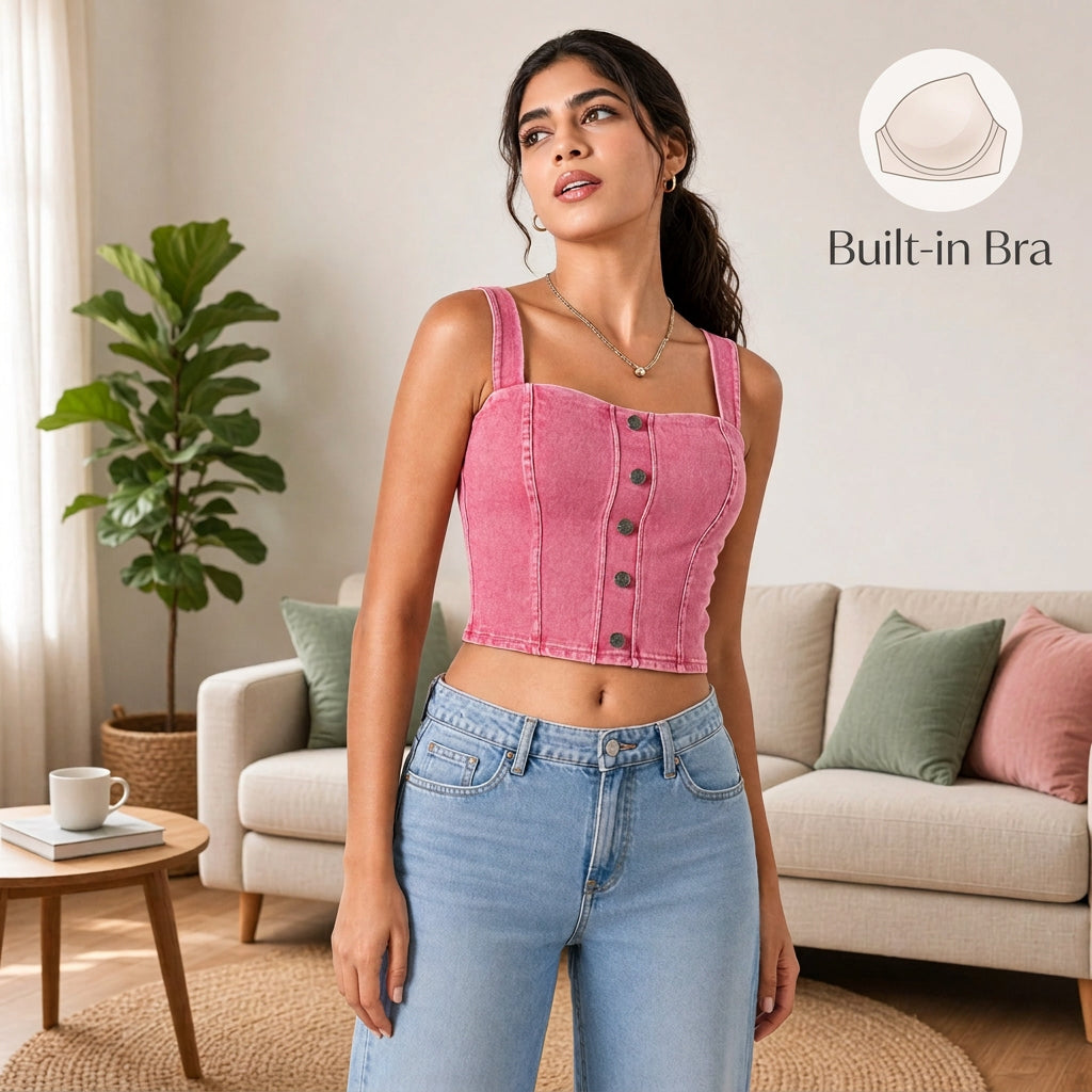 Denim-Look Built-in Bra Crop Top