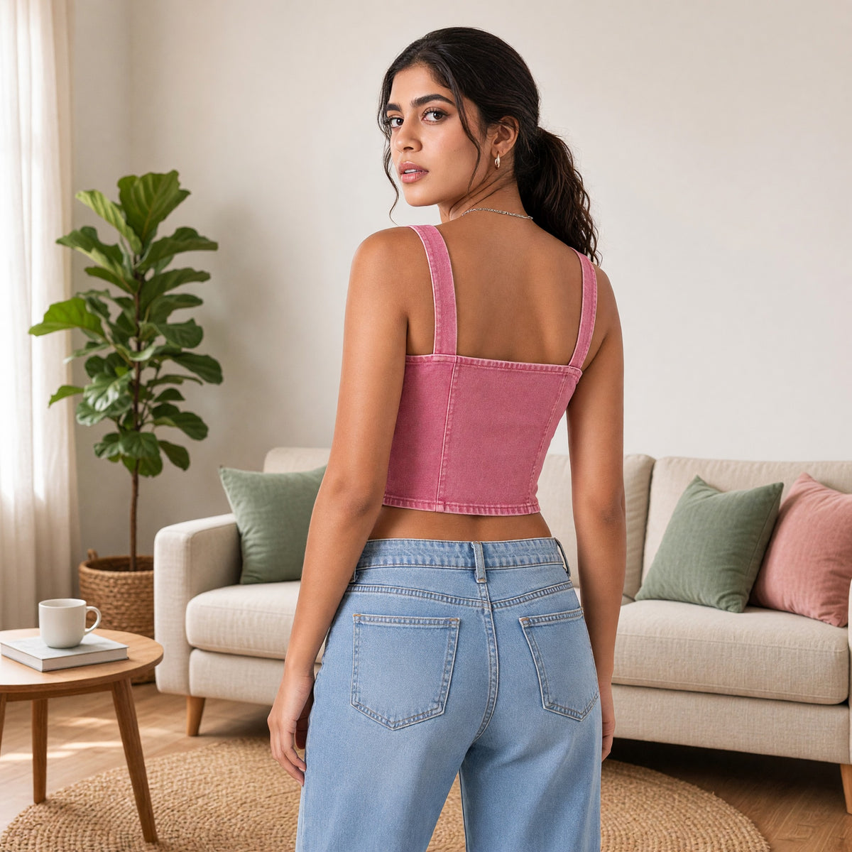 Denim-Look Built-in Bra Crop Top
