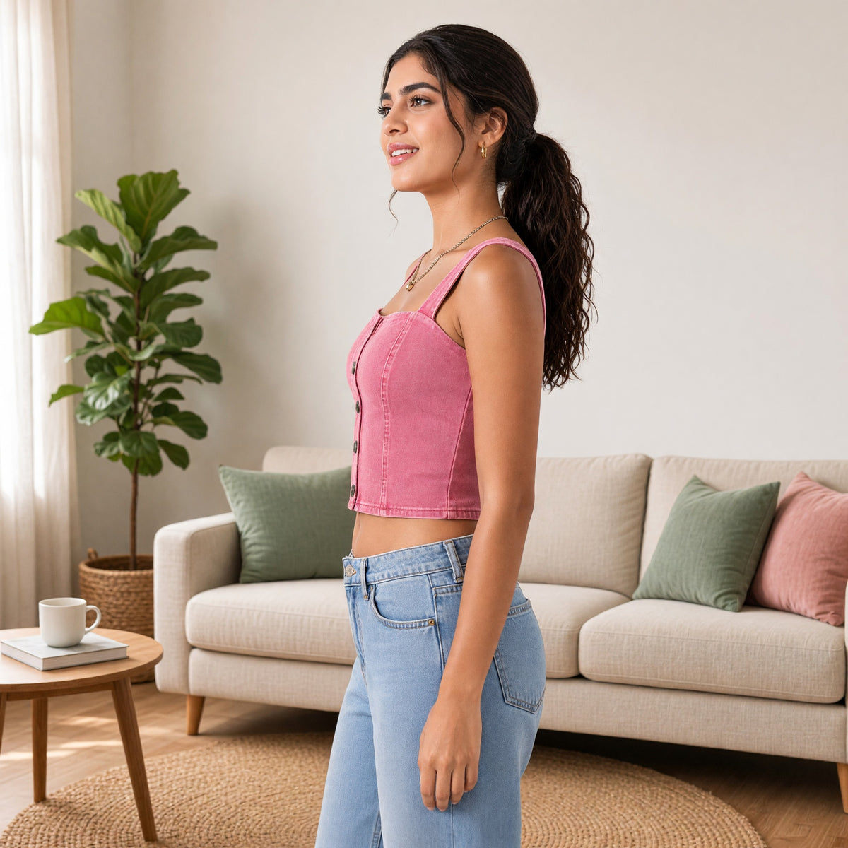 Denim-Look Built-in Bra Crop Top