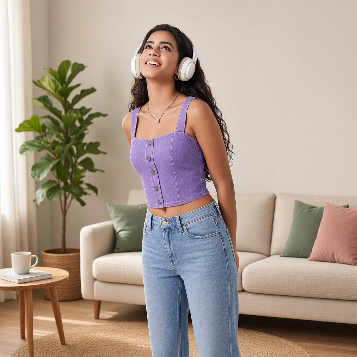 Denim-Look Built-in Bra Crop Top