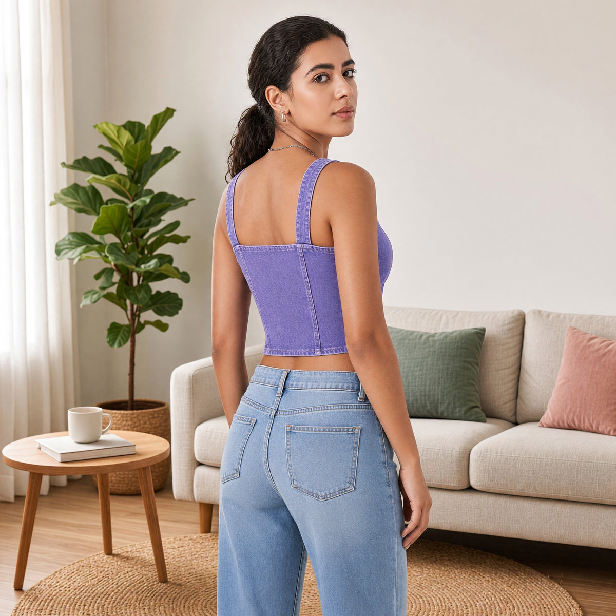 Denim-Look Built-in Bra Crop Top
