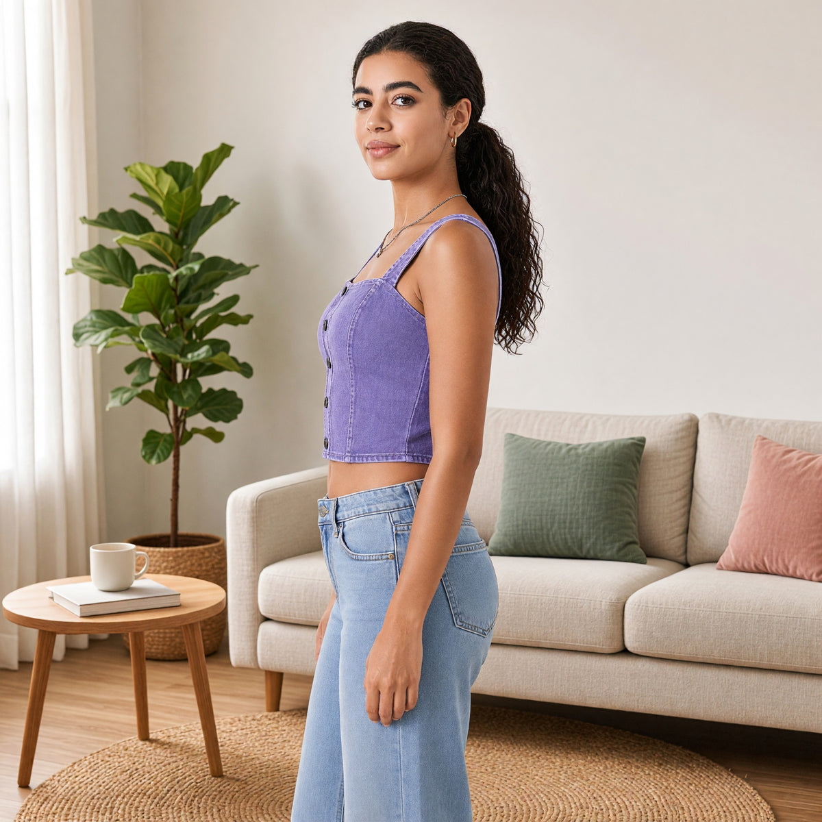 Denim-Look Built-in Bra Crop Top
