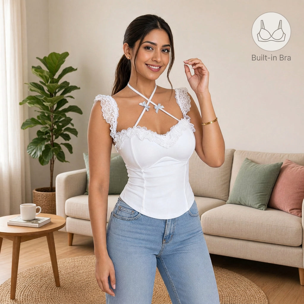 Dreamy Lace Ruffle Built-in Bra Top