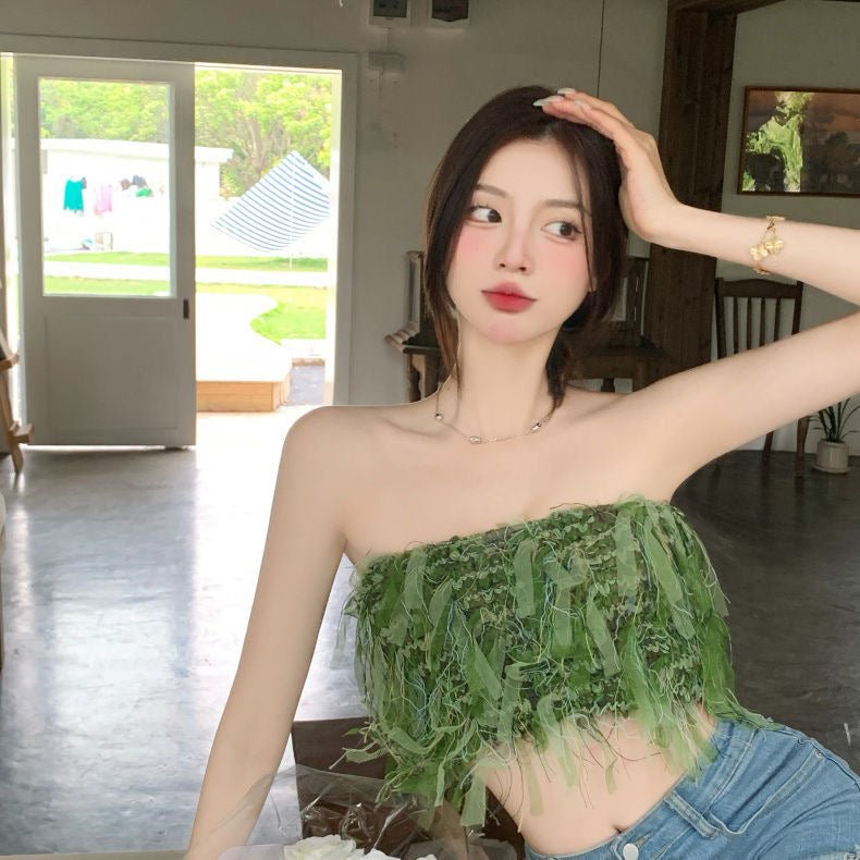 Edgy Chic Frayed Tube Top With Built In Bra - Zero Bra