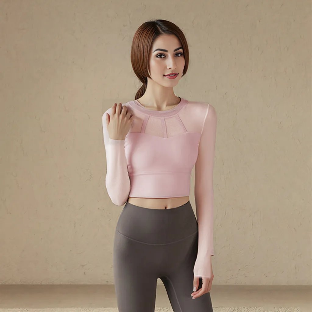 Elegant Mesh Long Sleeve Crop Top with Built - in Bra - Zero Bra