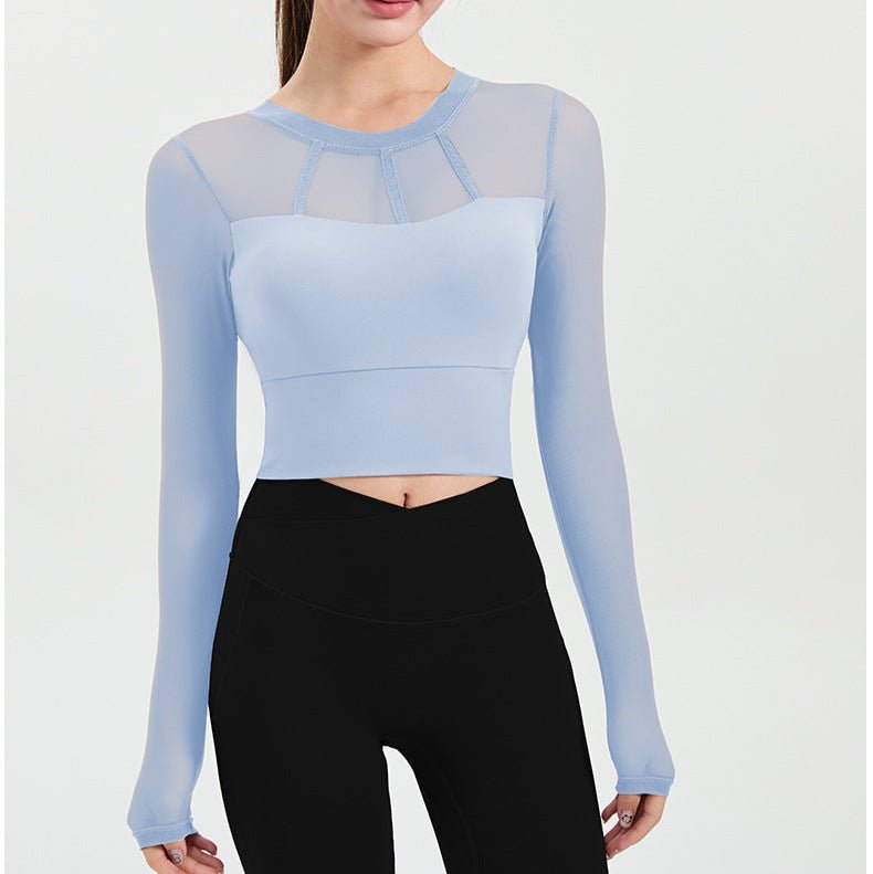 Elegant Mesh Long Sleeve Crop Top with Built - in Bra - Zero Bra