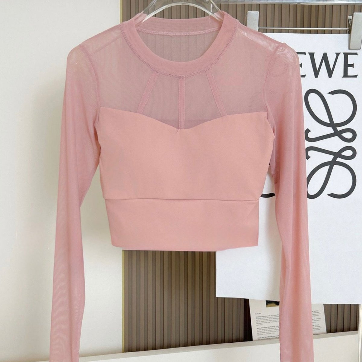 Elegant Mesh Long Sleeve Crop Top with Built - in Bra - Zero Bra