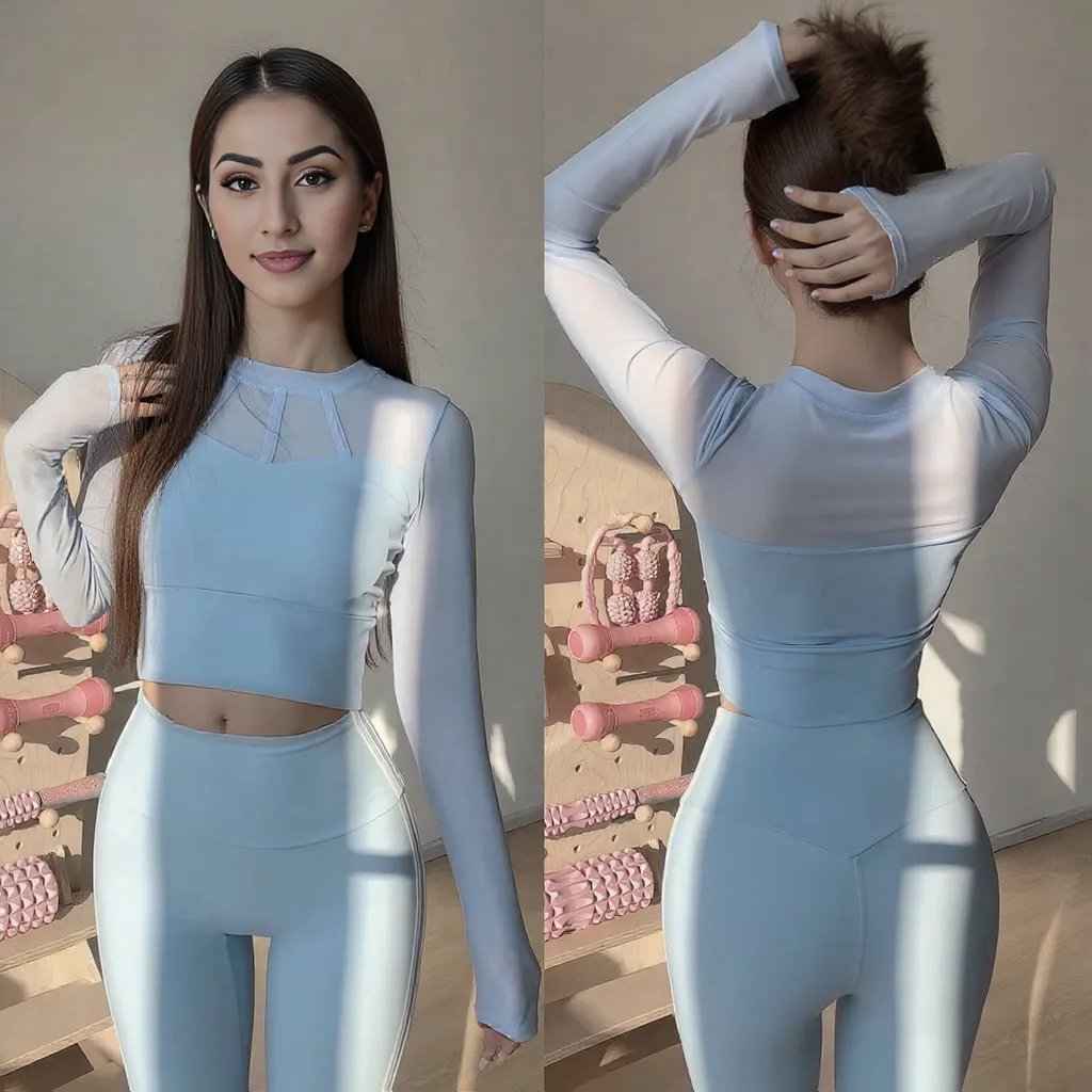 Elegant Mesh Long Sleeve Crop Top with Built - in Bra - Zero Bra