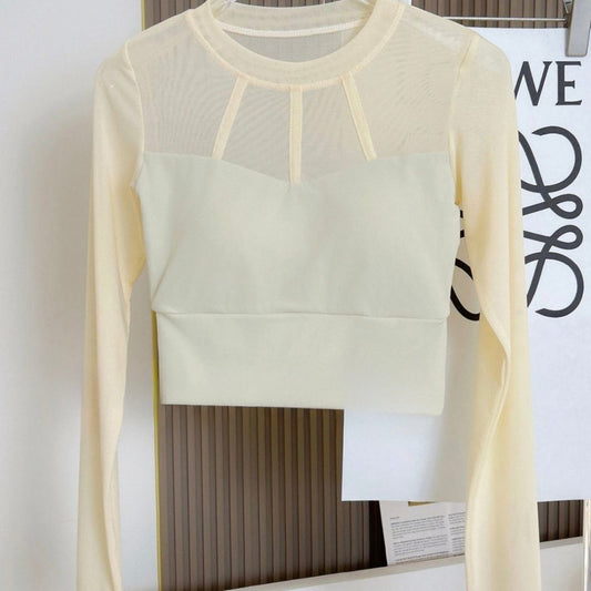 Elegant Mesh Long Sleeve Crop Top with Built - in Bra - Zero Bra