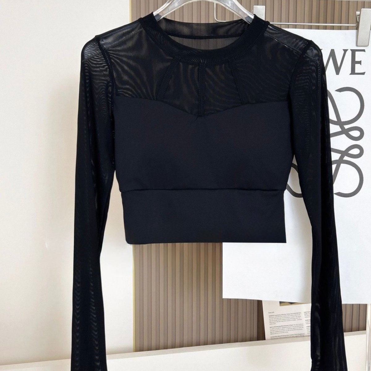 Elegant Mesh Long Sleeve Crop Top with Built - in Bra - Zero Bra