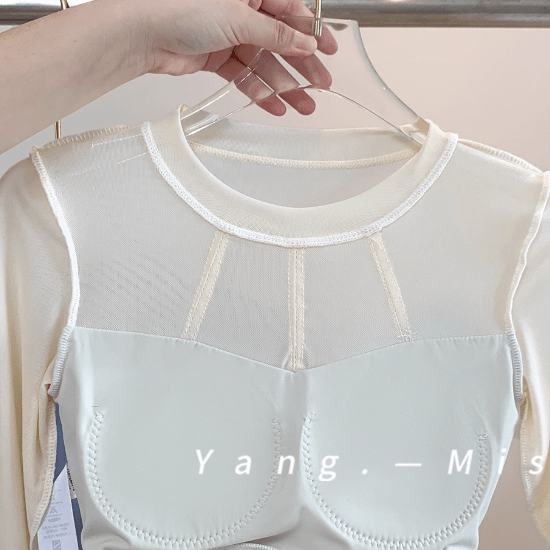 Elegant Mesh Long Sleeve Crop Top with Built - in Bra - Zero Bra