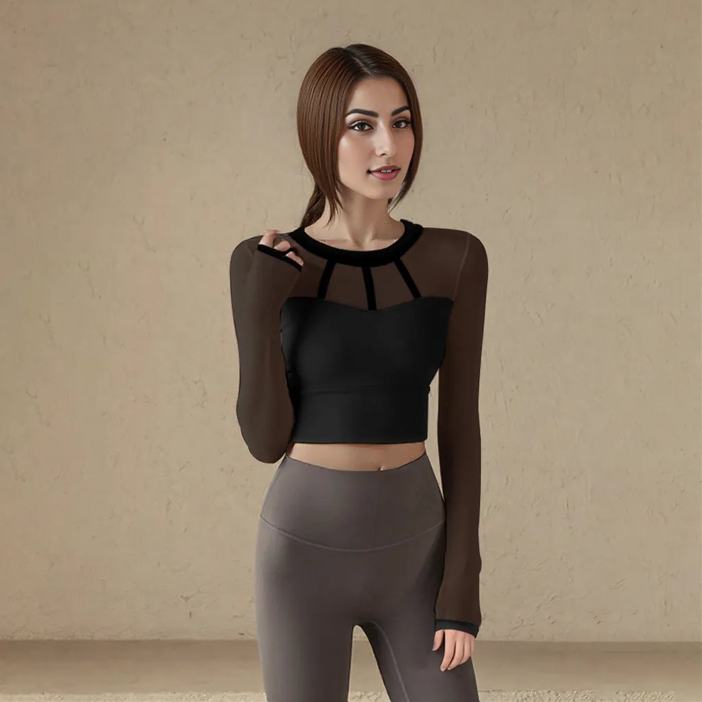Elegant Mesh Long Sleeve Crop Top with Built - in Bra - Zero Bra