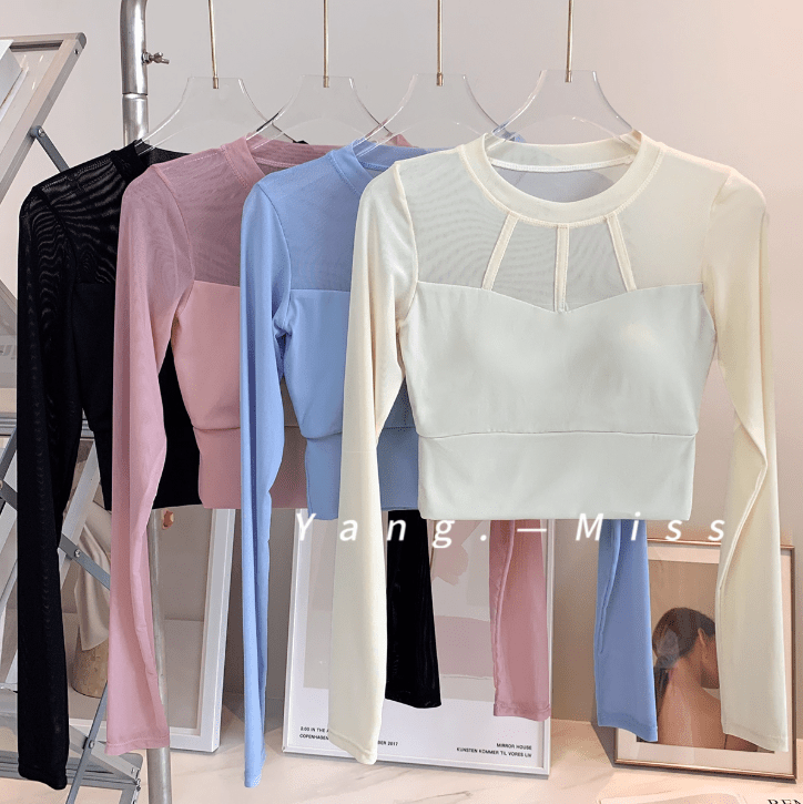 Elegant Mesh Long Sleeve Crop Top with Built - in Bra - Zero Bra
