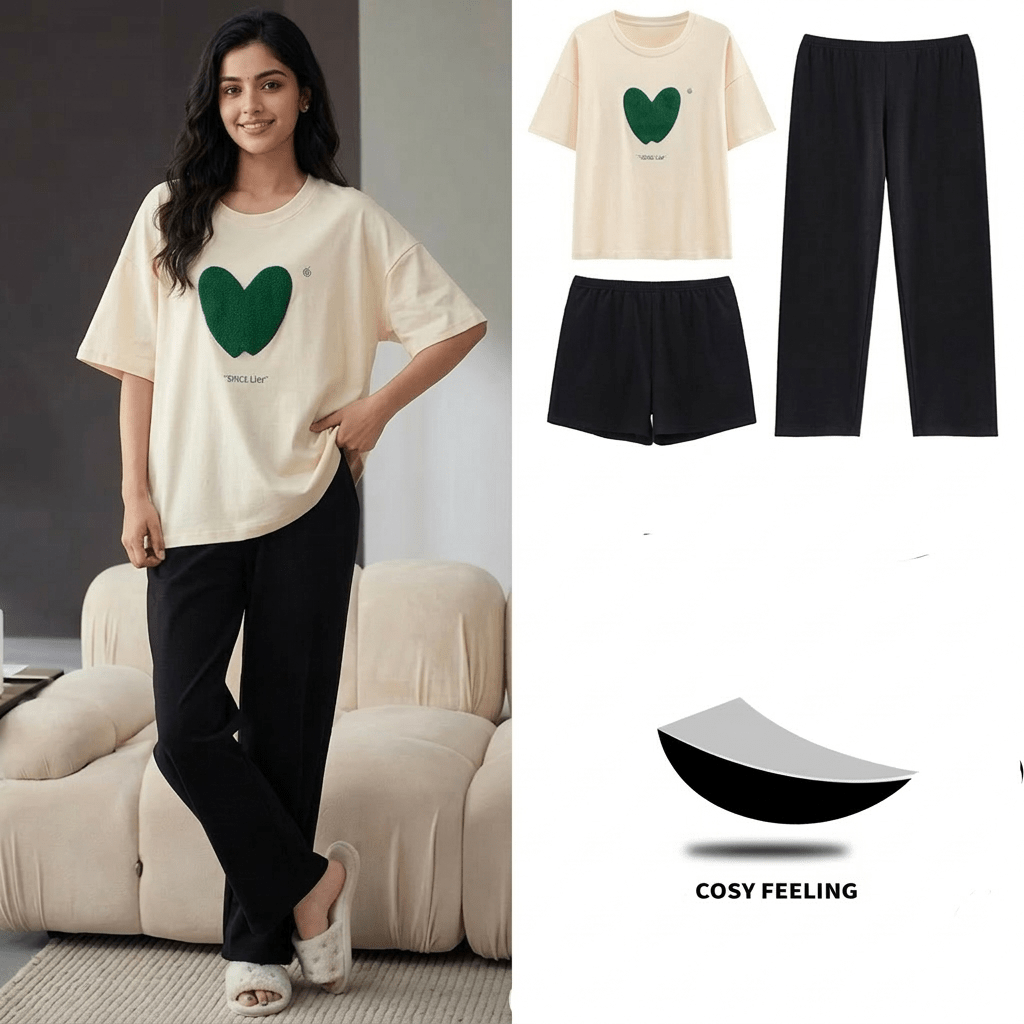 Emerald Heart Lounge PJ Set – With Padded Bliss (3 - Piece Set) - Zero Bra