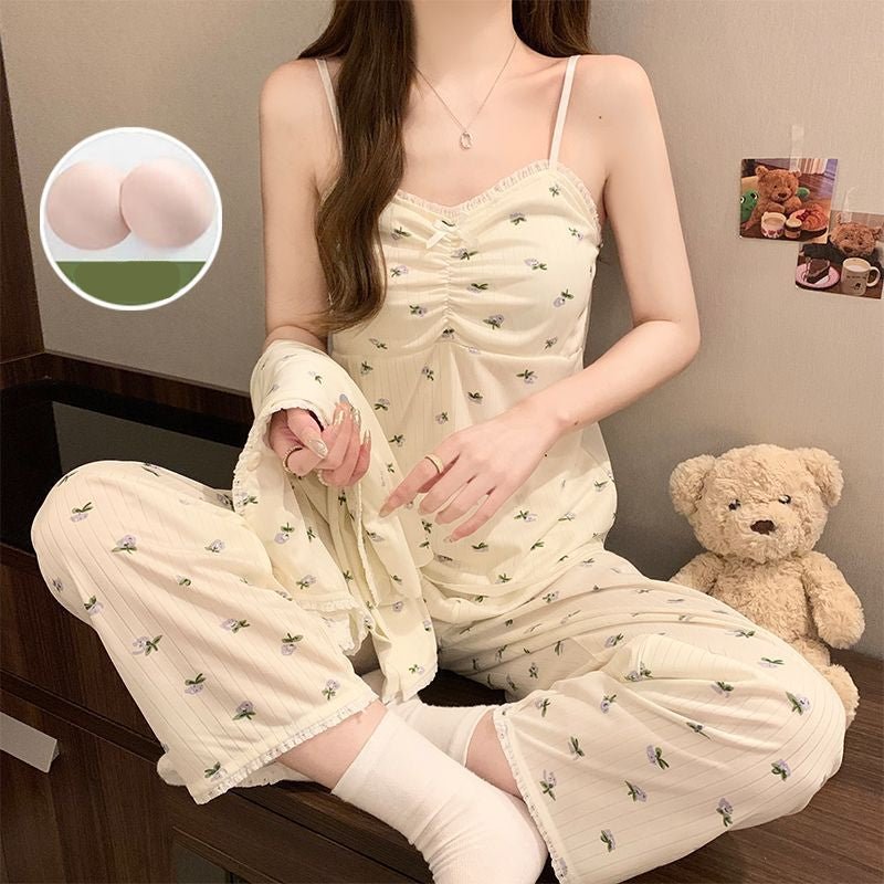 Floral Charm 3 - Piece Padded Pajama Set โ Sweet & Cozy - Zero Bra