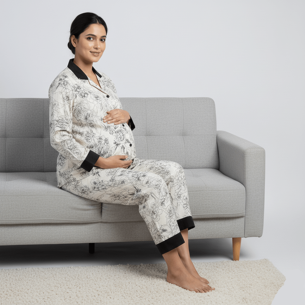 Floral Elegance Maternity & Nursing Padded PJ Set – Chic Comfort for Mama Life - Zero Bra