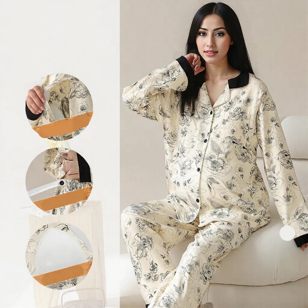 Floral Elegance Maternity & Nursing Padded PJ Set – Chic Comfort for Mama Life - Zero Bra