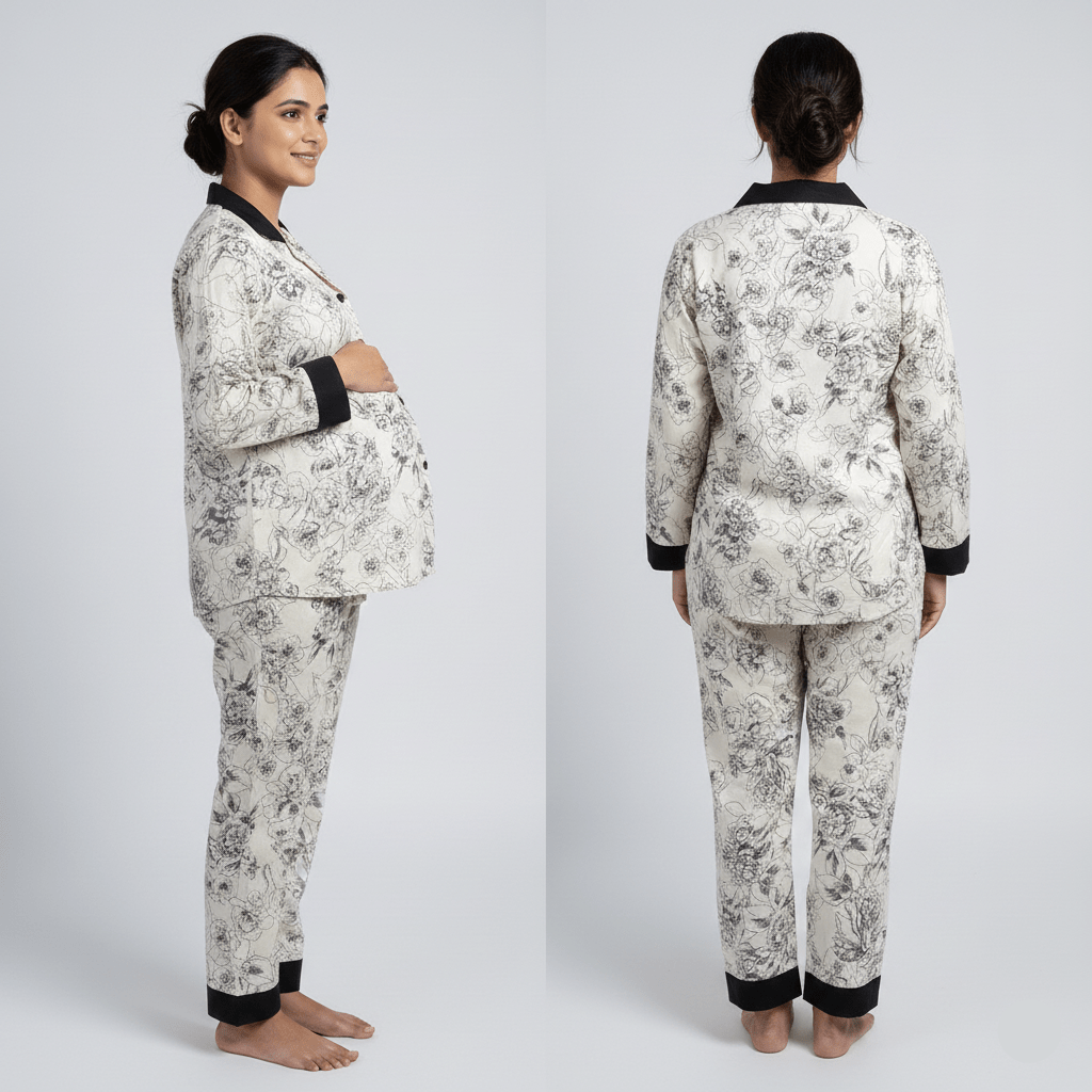 Floral Elegance Maternity & Nursing Padded PJ Set – Chic Comfort for Mama Life - Zero Bra