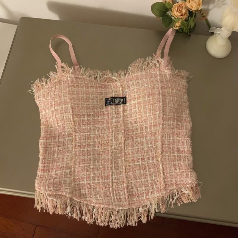 Fringe - Trimmed Tweed Crop Top with Built - in Bra – Chic & Playful - Zero Bra