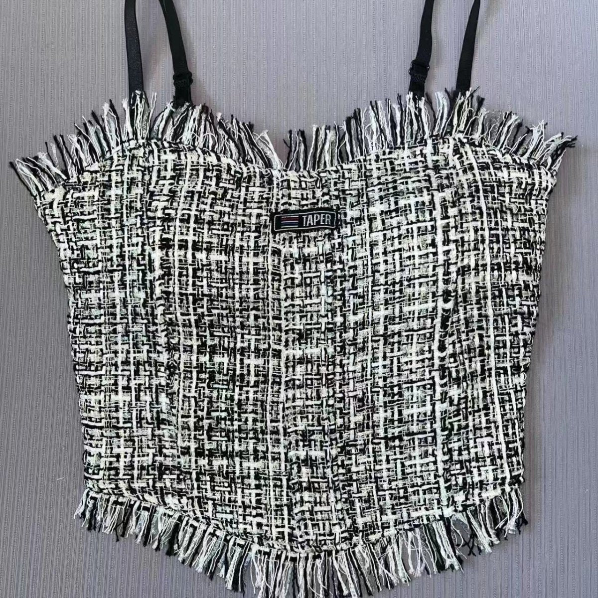 Fringe - Trimmed Tweed Crop Top with Built - in Bra β Chic & Playful - Zero Bra