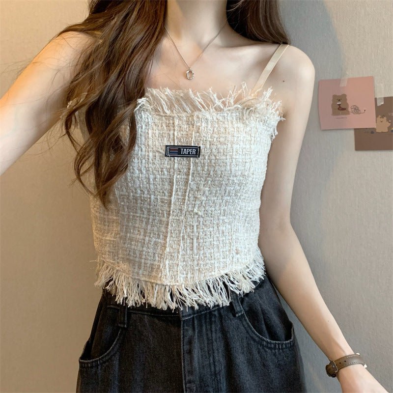 Fringe - Trimmed Tweed Crop Top with Built - in Bra β Chic & Playful - Zero Bra