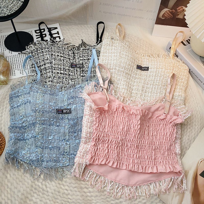 Fringe - Trimmed Tweed Crop Top with Built - in Bra β Chic & Playful - Zero Bra