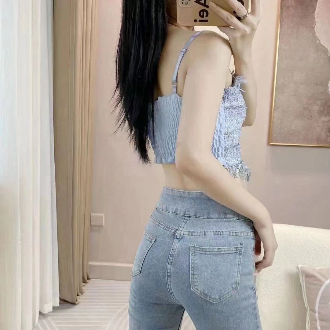 Fringe - Trimmed Tweed Crop Top with Built - in Bra β Chic & Playful - Zero Bra