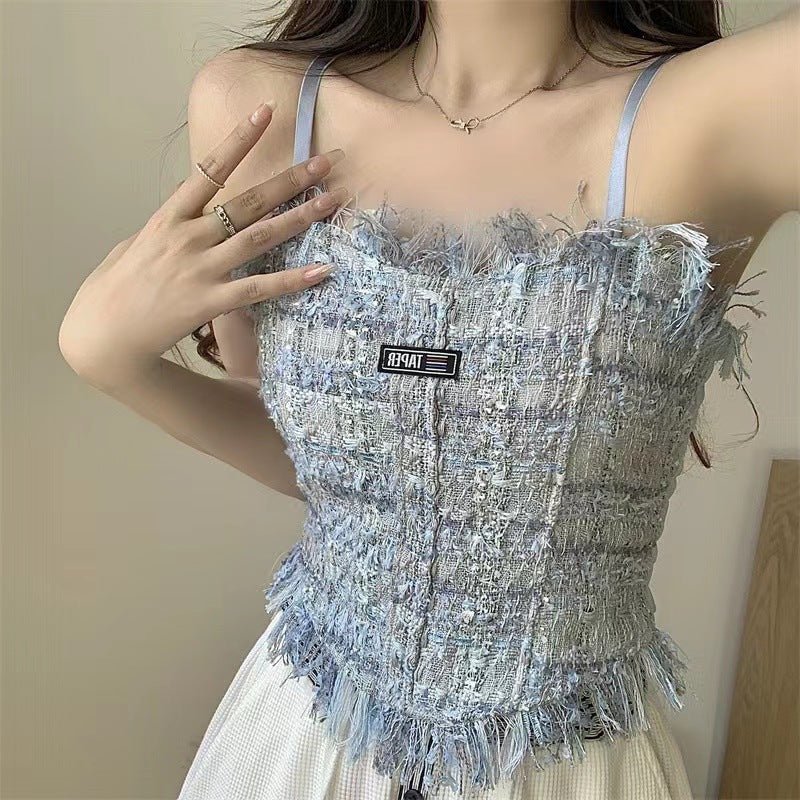 Fringe - Trimmed Tweed Crop Top with Built - in Bra β Chic & Playful - Zero Bra