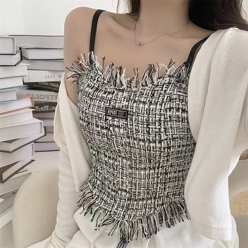 Fringe - Trimmed Tweed Crop Top with Built - in Bra β Chic & Playful - Zero Bra