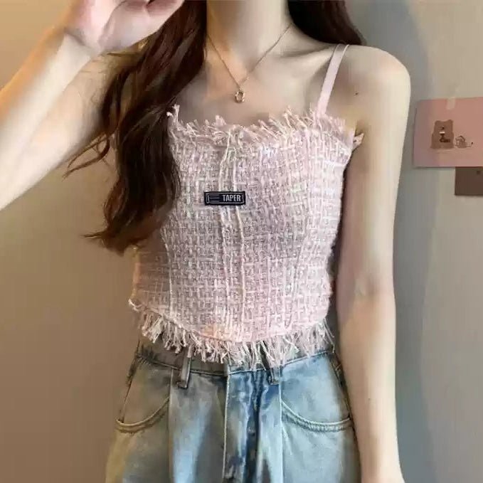 Fringe - Trimmed Tweed Crop Top with Built - in Bra β Chic & Playful - Zero Bra