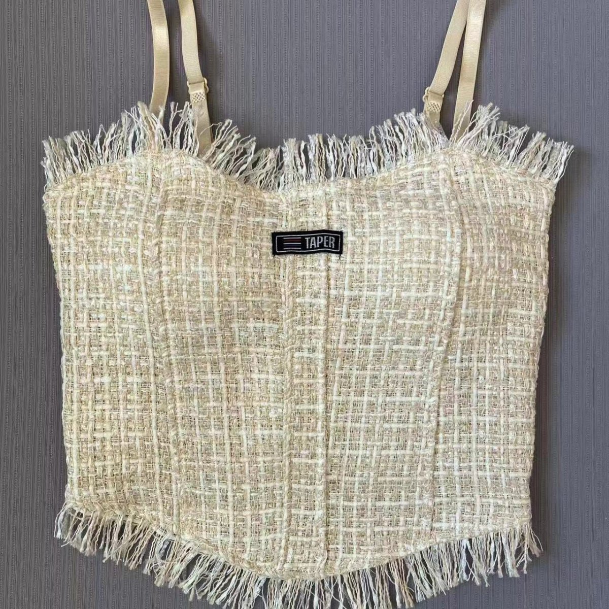 Fringe - Trimmed Tweed Crop Top with Built - in Bra β Chic & Playful - Zero Bra