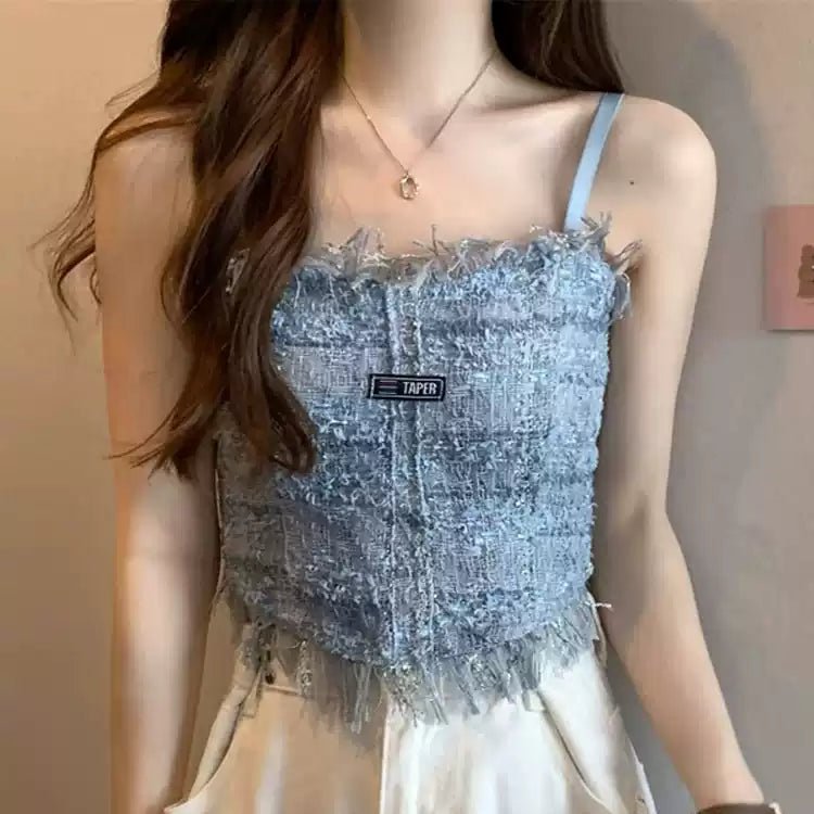 Fringe - Trimmed Tweed Crop Top with Built - in Bra β Chic & Playful - Zero Bra