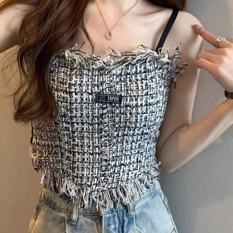 Fringe - Trimmed Tweed Crop Top with Built - in Bra β Chic & Playful - Zero Bra
