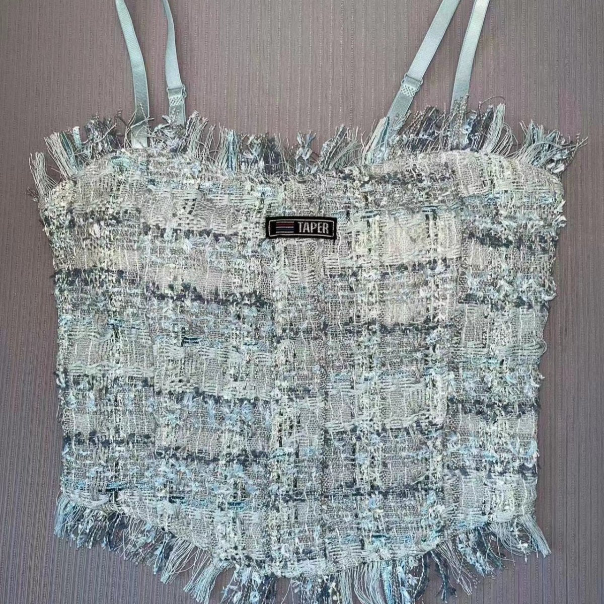 Fringe - Trimmed Tweed Crop Top with Built - in Bra β Chic & Playful - Zero Bra