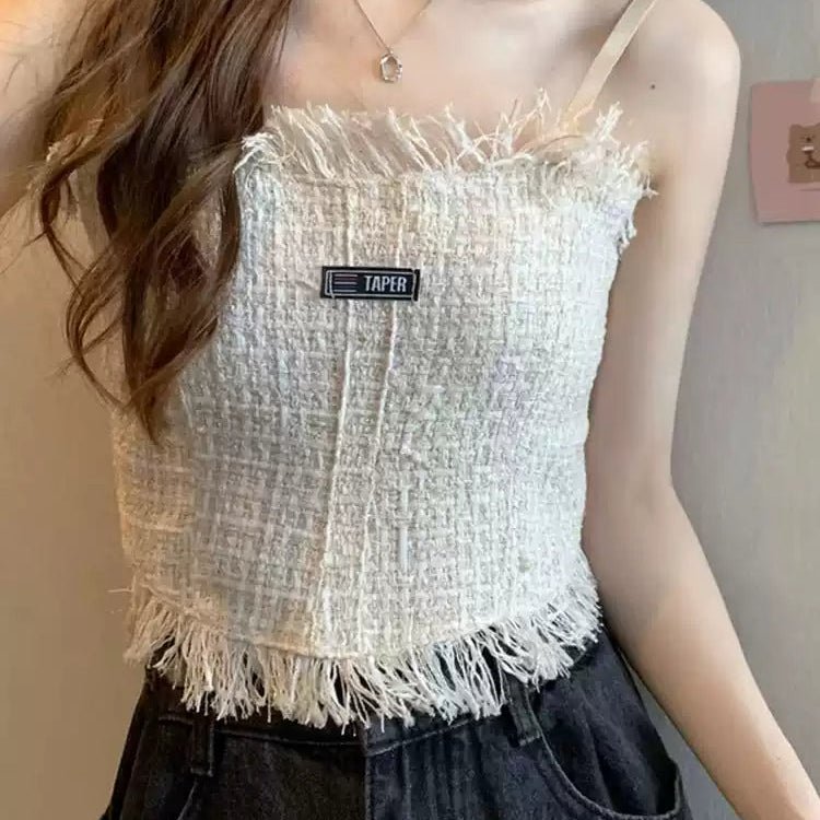 Fringe - Trimmed Tweed Crop Top with Built - in Bra β Chic & Playful - Zero Bra