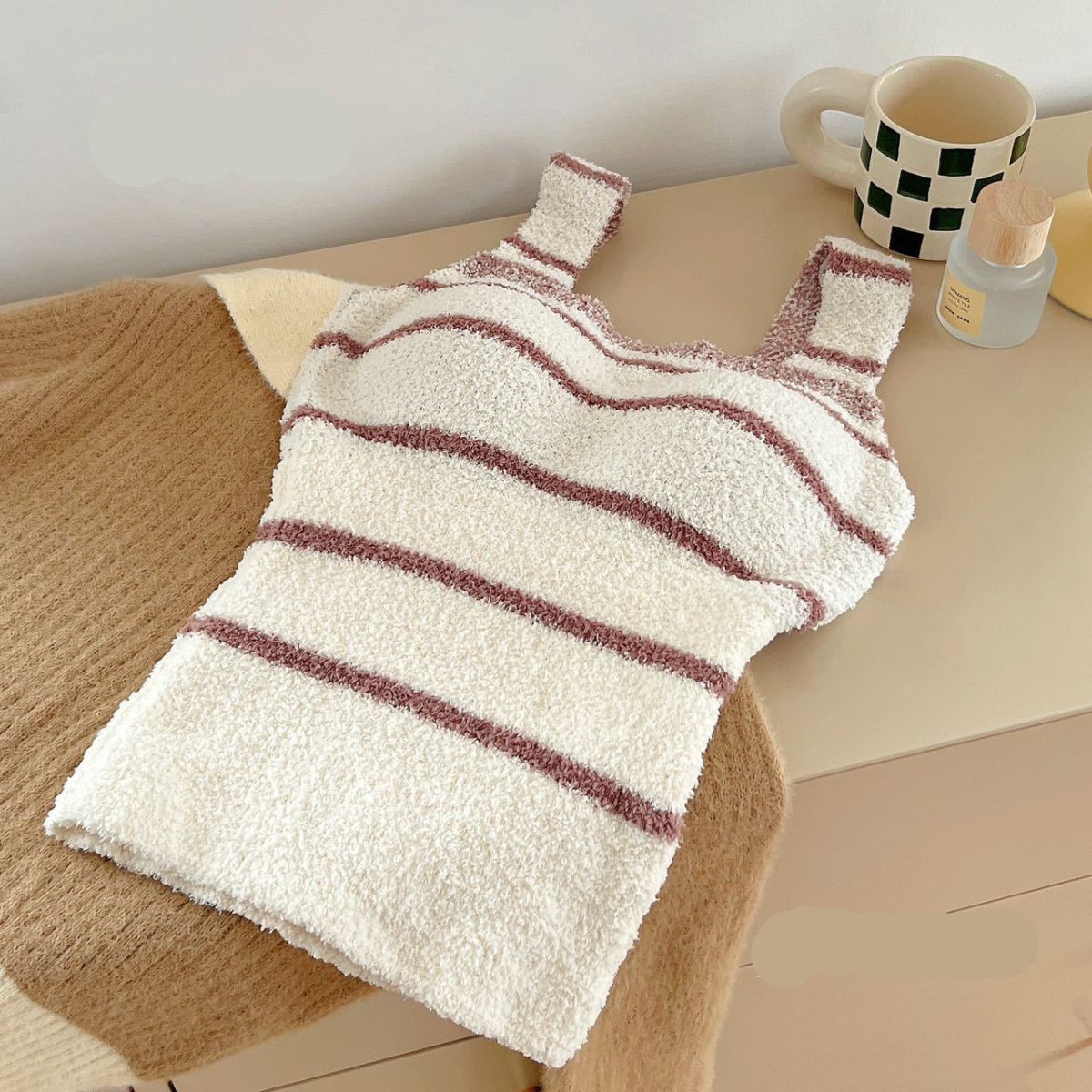 Fuzzy Knit Crop Top with Built - in Bra β Cozy Meets Chic - Zero Bra