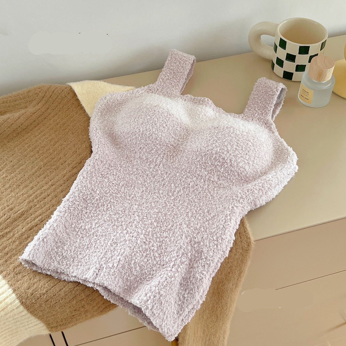 Fuzzy Knit Crop Top with Built - in Bra β Cozy Meets Chic - Zero Bra
