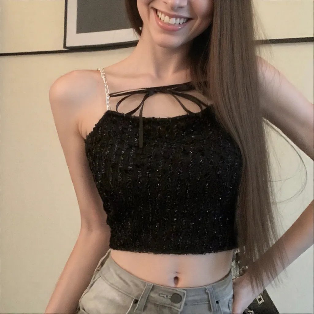 Glitter Glam Sequin Chain Strap with Built - In Bra Crop Top – Shine Bright, Stand Out! - Zero Bra