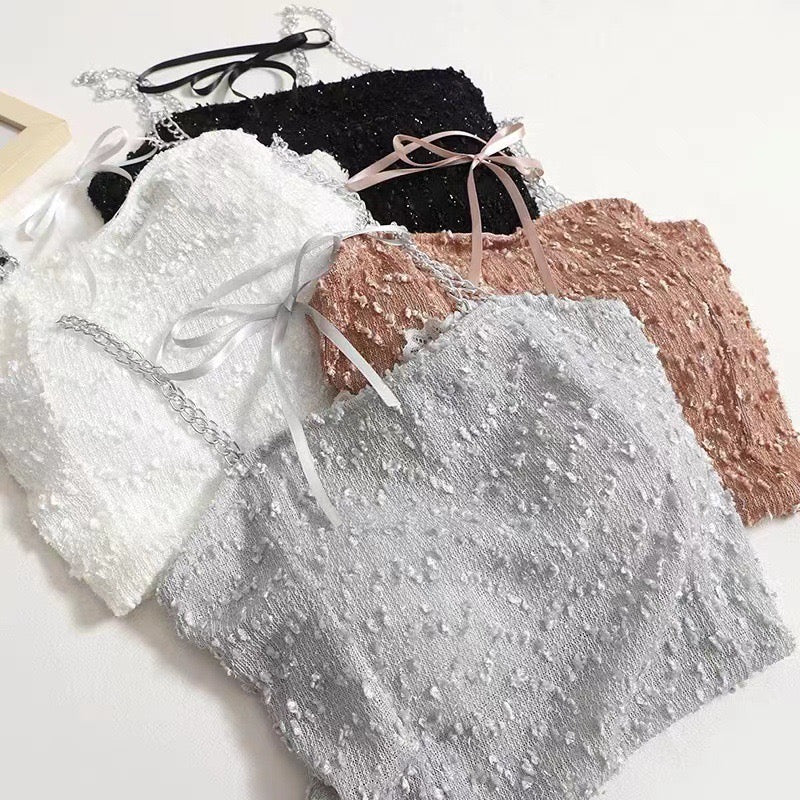 Glitter Glam Sequin Chain Strap with Built - In Bra Crop Top – Shine Bright, Stand Out! - Zero Bra