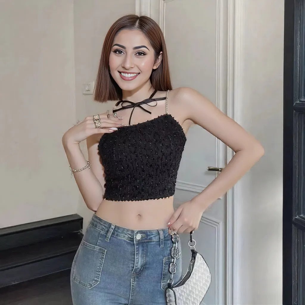 Glitter Glam Sequin Chain Strap with Built - In Bra Crop Top – Shine Bright, Stand Out! - Zero Bra