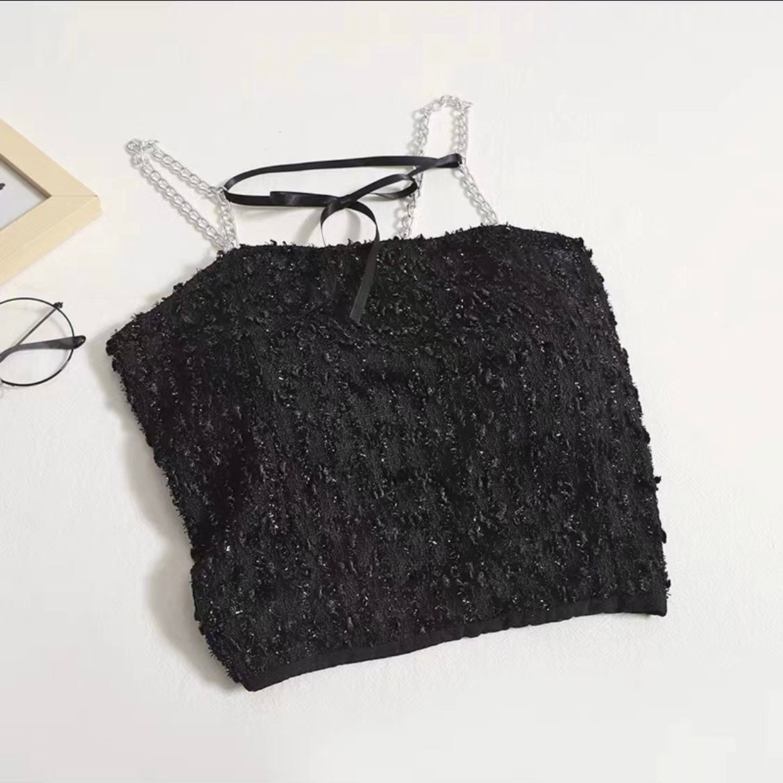 Glitter Glam Sequin Chain Strap with Built - In Bra Crop Top – Shine Bright, Stand Out! - Zero Bra