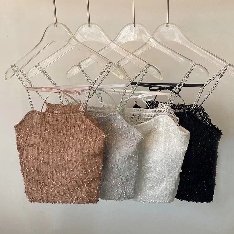 Glitter Glam Sequin Chain Strap with Built - In Bra Crop Top – Shine Bright, Stand Out! - Zero Bra