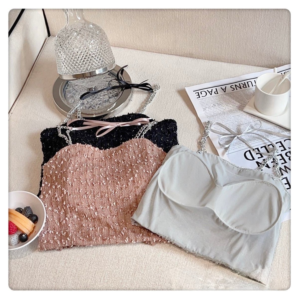 Glitter Glam Sequin Chain Strap with Built - In Bra Crop Top – Shine Bright, Stand Out! - Zero Bra