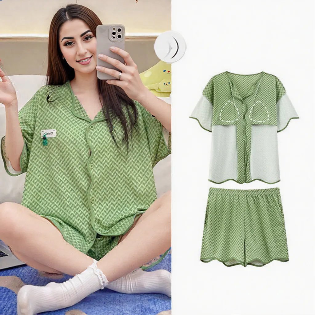 Green Check Vibes Pajama Set – Built - In Bra Edition - Zero Bra