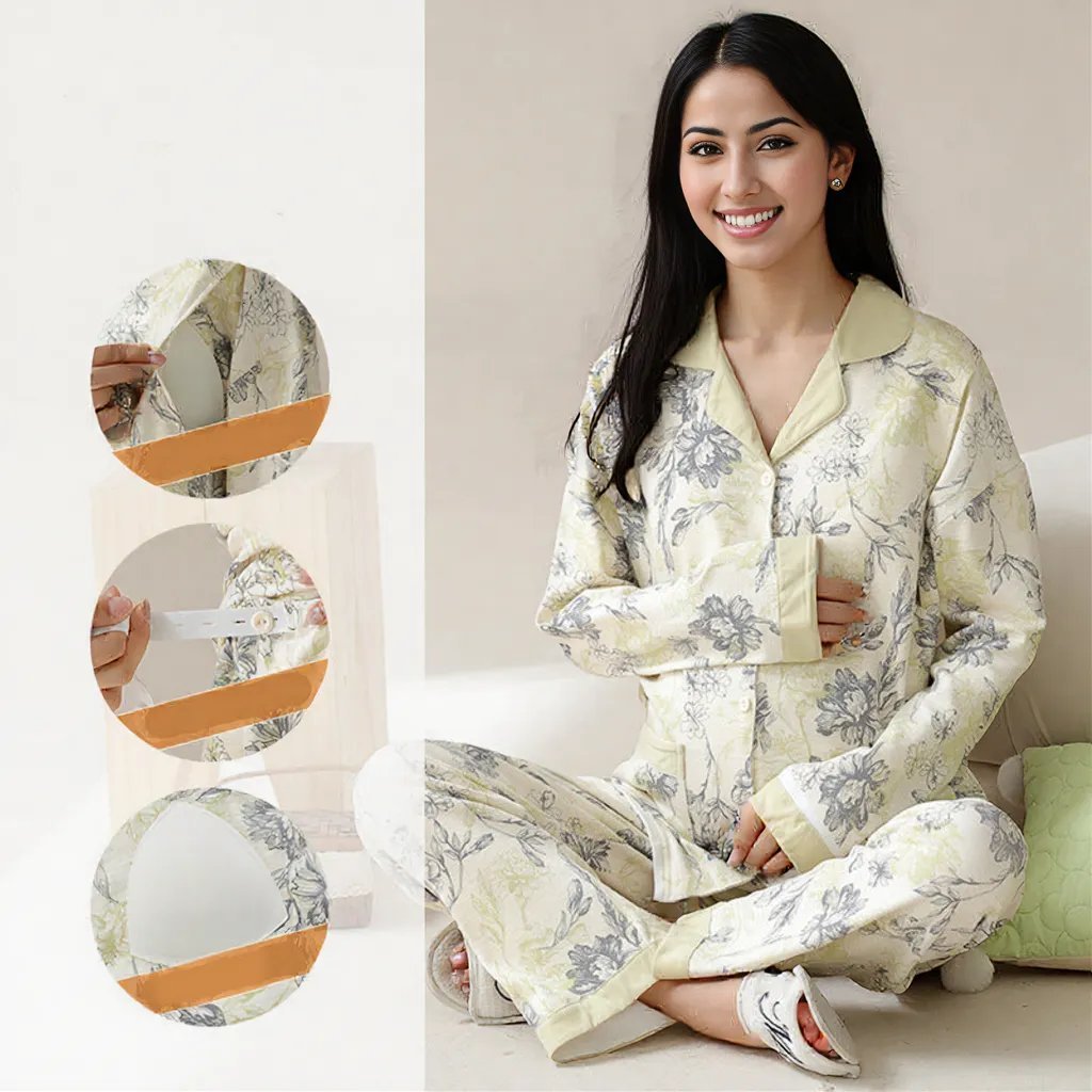 Green Floral Maternity & Nursing Padded PJ Set – Fresh Comfort & Bra - Free Ease - Zero Bra