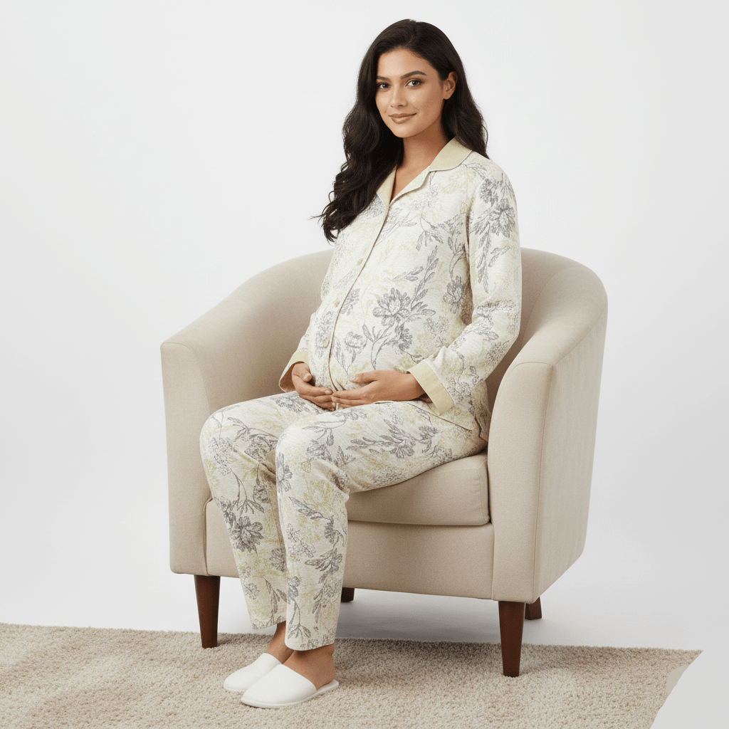 Green Floral Maternity & Nursing Padded PJ Set – Fresh Comfort & Bra - Free Ease - Zero Bra