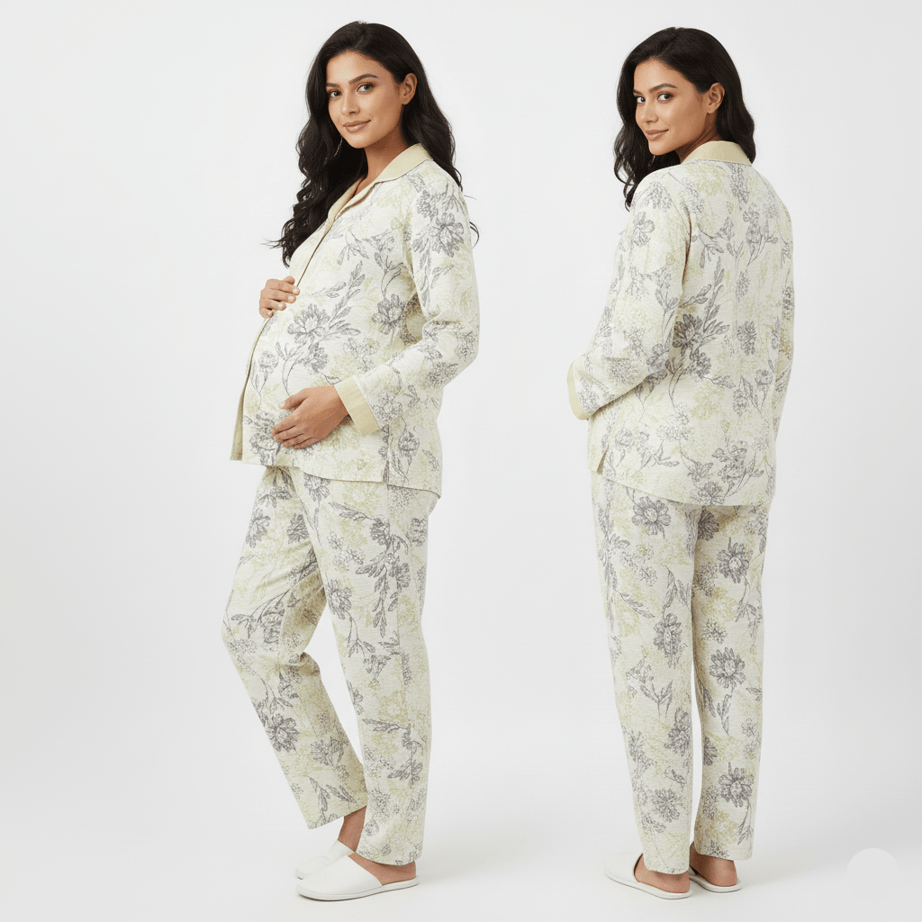 Green Floral Maternity & Nursing Padded PJ Set – Fresh Comfort & Bra - Free Ease - Zero Bra